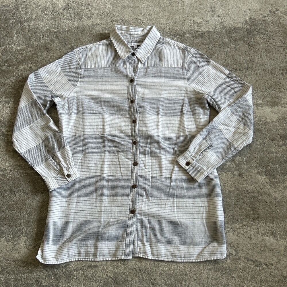 Foxcroft Tunic Top Women 12 Fitted Shirt Gray White Roll Tab Sleeve Linen Cotton